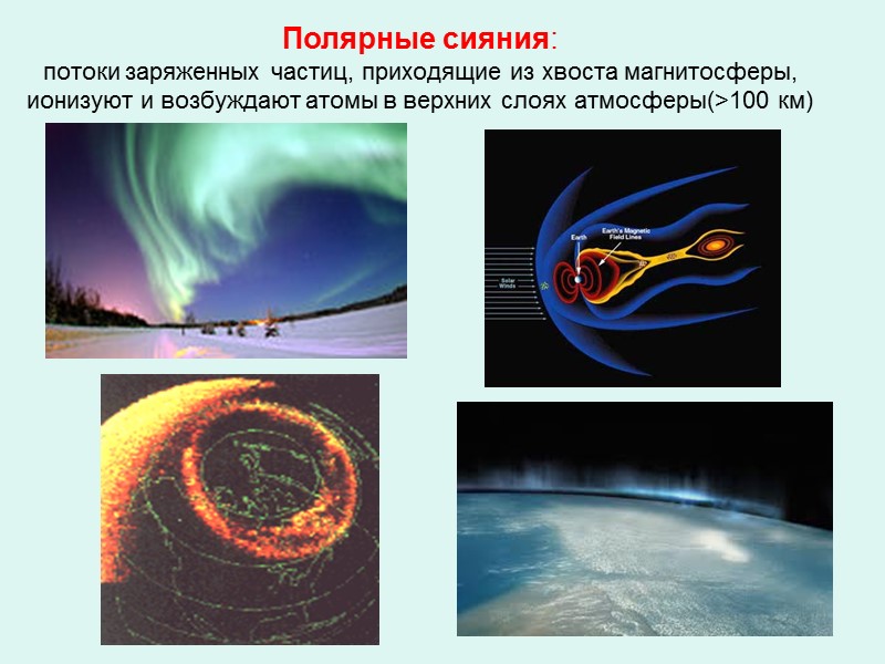 Полярные сияния: потоки заряженных частиц, приходящие из хвоста магнитосферы, ионизуют и возбуждают атомы в